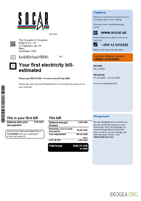 Modèle de facture de services publics de gaz Socar d'Azerbaïdjan, entièrement modifiable au format PSD